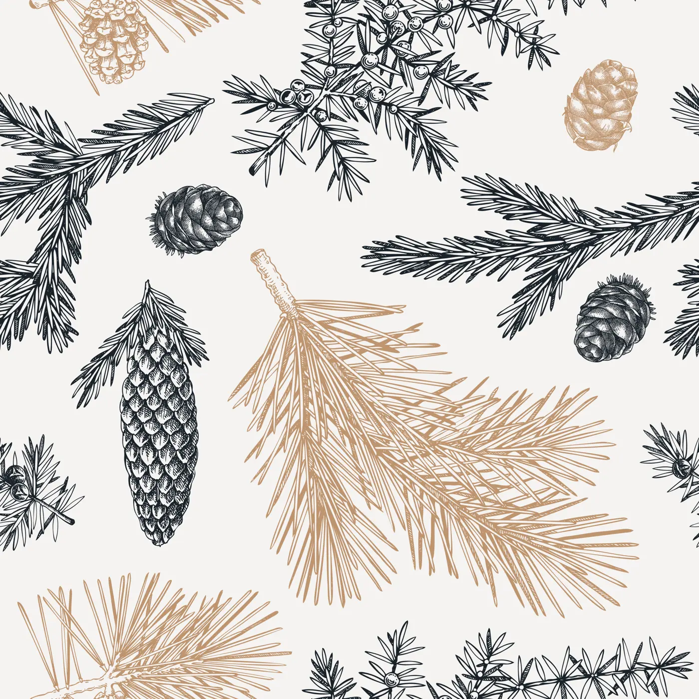 Winter garden seamless pattern. Christmas background. Conifer tree sketches. Hand-drawn vector illustration. NOT AI generated Illustration